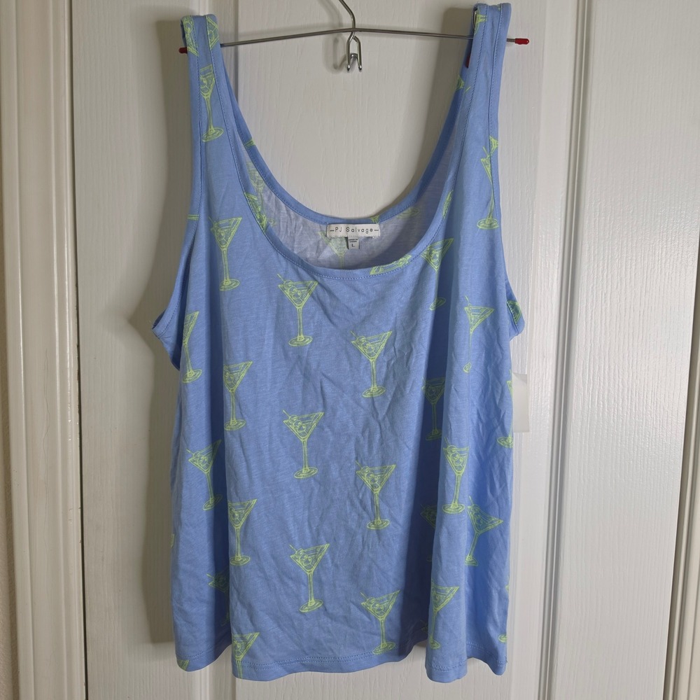 PJ Salvage Sleep Tank Top Blue Martini Glass Print Cotton Rayon Blend Large